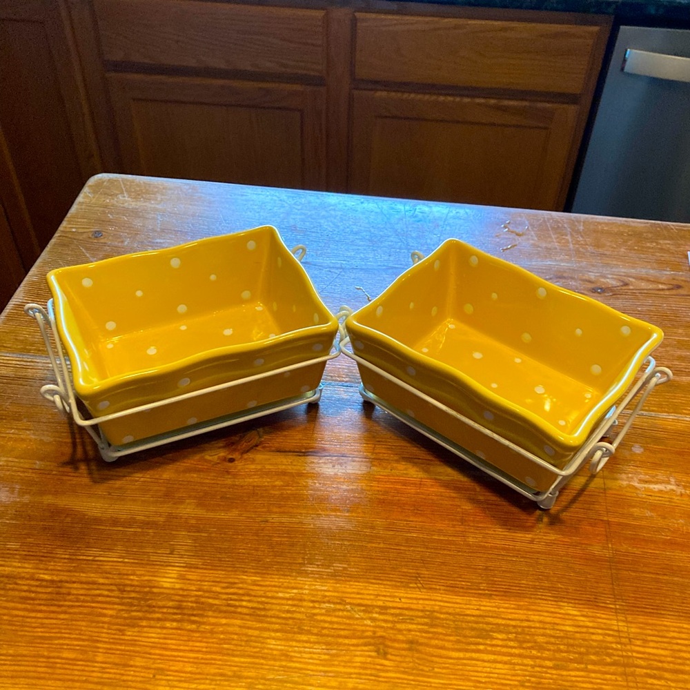 Six piece Temp-Tations, bakeware casserole, dish set yellow with white dots.